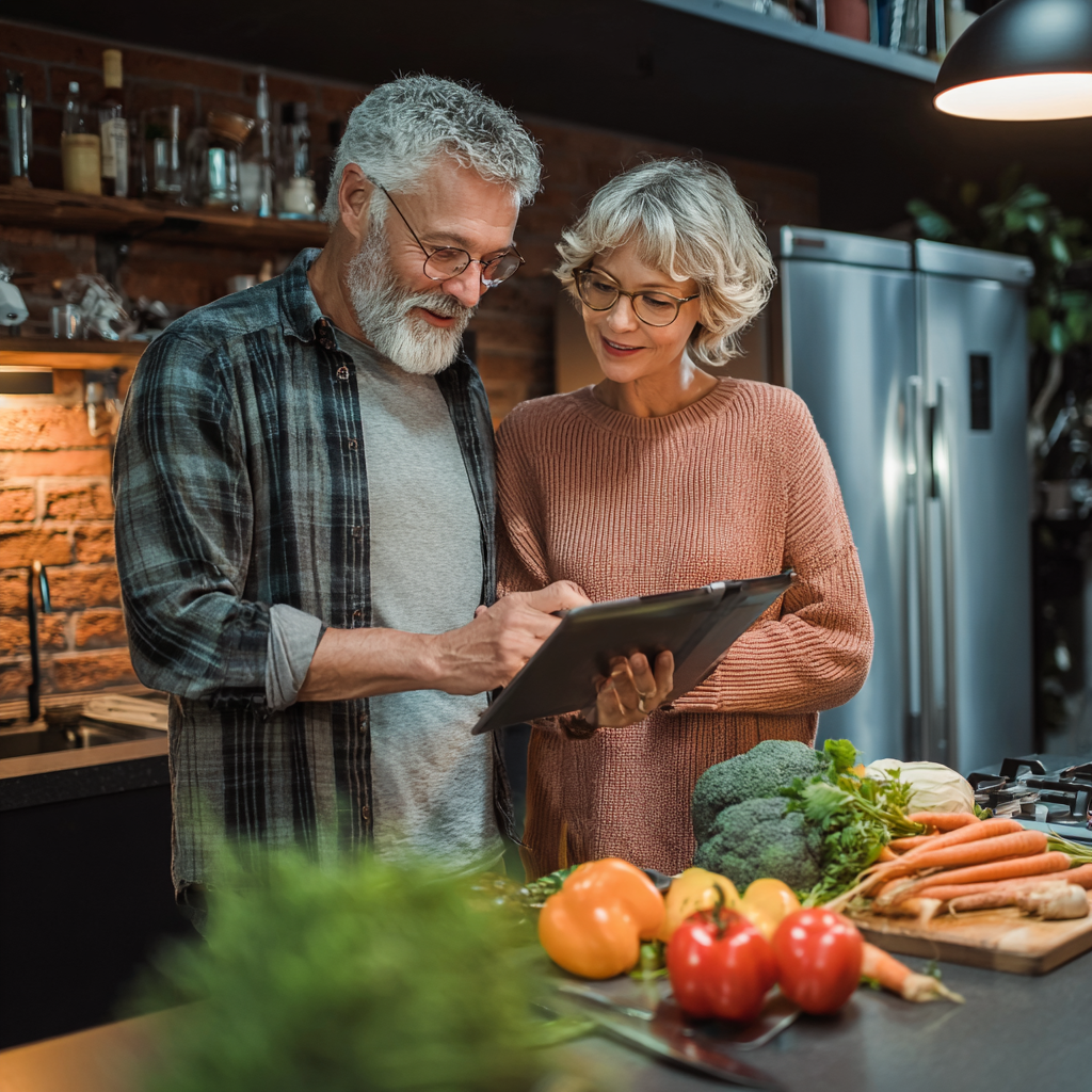 Middle-aged adults planning healthy meals together in modern kitchen